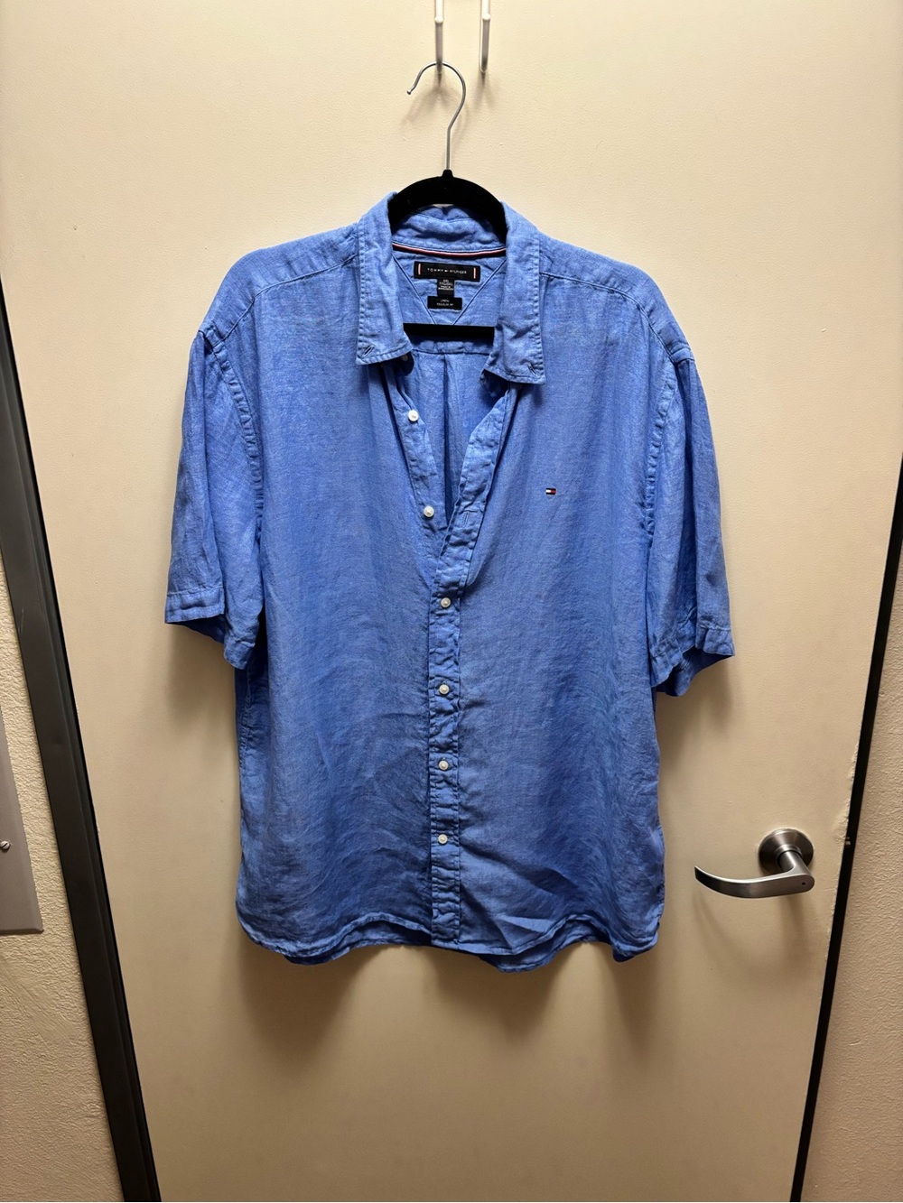Tommy Hilfiger Blue Short Sleeve Linen Button Down Shirt Flag Logo size XXL